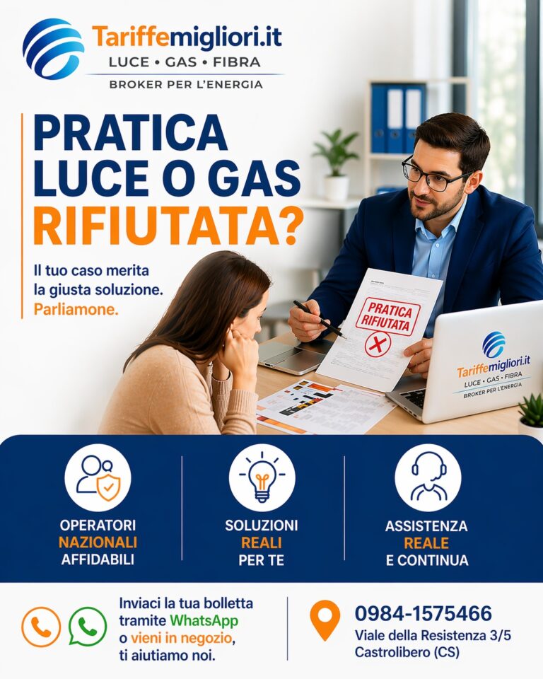 Pratica luce o gas rifiutata consulenza gratuita Tariffemigliori.it assistenza bollette Cosenza Castrolibero