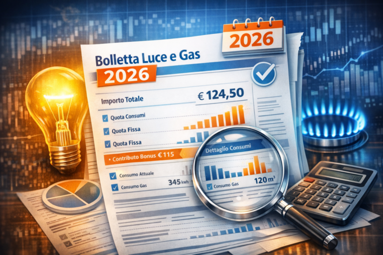 Esempio bolletta luce e gas 2026 con dettaglio consumi e bonus
