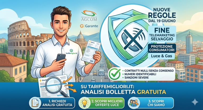Illustrazione di un uomo sorridente con una bolletta in mano davanti al Colosseo, con simboli di protezione contro il telemarketing selvaggio, loghi AGCOM e Garante Privacy, e banner per l'analisi gratuita della bolletta su Tariffemigliori.it