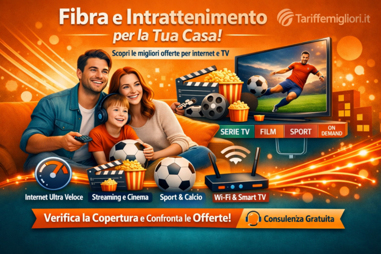 Famiglia che guarda la TV e naviga online, promozione fibra e intrattenimento TariffeMigliori.it