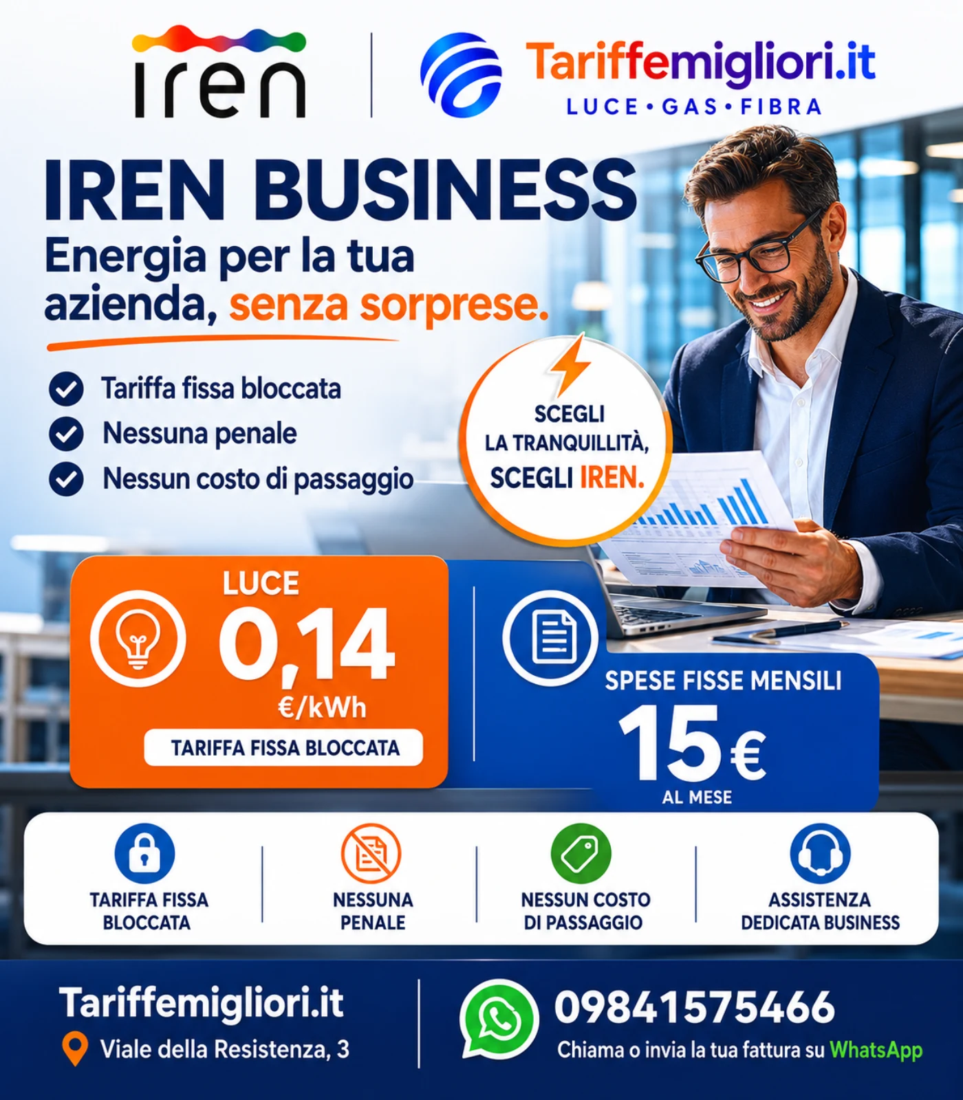 Offerta business IREN luce per aziende con Tariffemigliori.it: energia elettrica a 0,14 €/kWh, spese fisse mensili 15 euro e tariffa fissa bloccata.