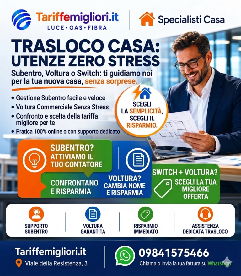 Infografica dettagliata su Subentro, Voltura e Switch per utenze domestiche TariffeMigliori.it. Un consulente in ufficio confronta documenti e costi per aiutare i clienti a risparmiare su luce e gas nella nuova casa