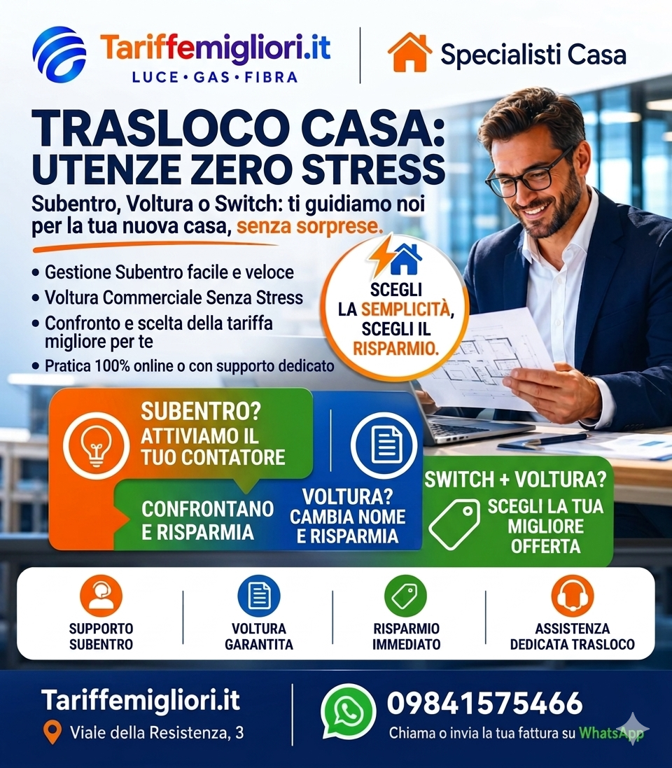 Infografica dettagliata su Subentro, Voltura e Switch per utenze domestiche TariffeMigliori.it. Un consulente in ufficio confronta documenti e costi per aiutare i clienti a risparmiare su luce e gas nella nuova casa