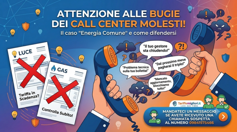 Grafica informativa di TariffeMigliori sulle bugie dei call center molesti e il caso Energia Comune, con indicazioni su come difendersi dalle truffe in bolletta